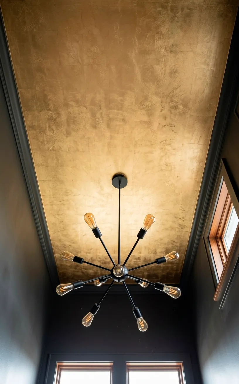 A luxurious small living room ceiling with a gold leaf finish and a black sputnik chandelier.