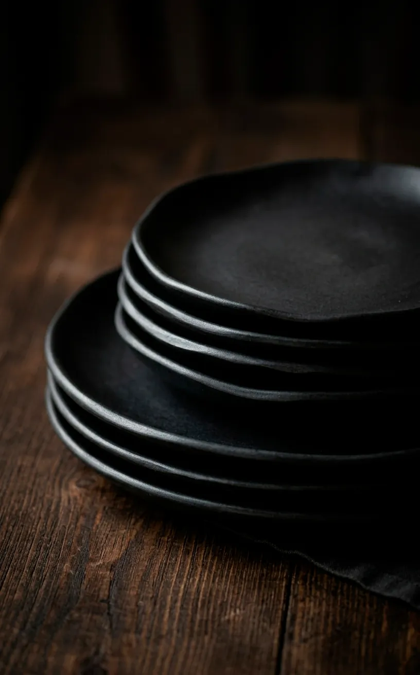 Stack of matte black stoneware dinner plates with organic edges.