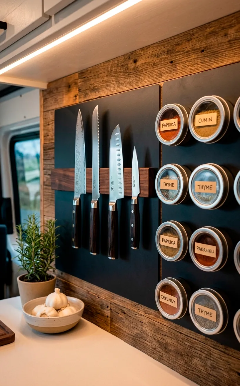Magnetic knife strip and spice rack in a professional camper van kitchen.