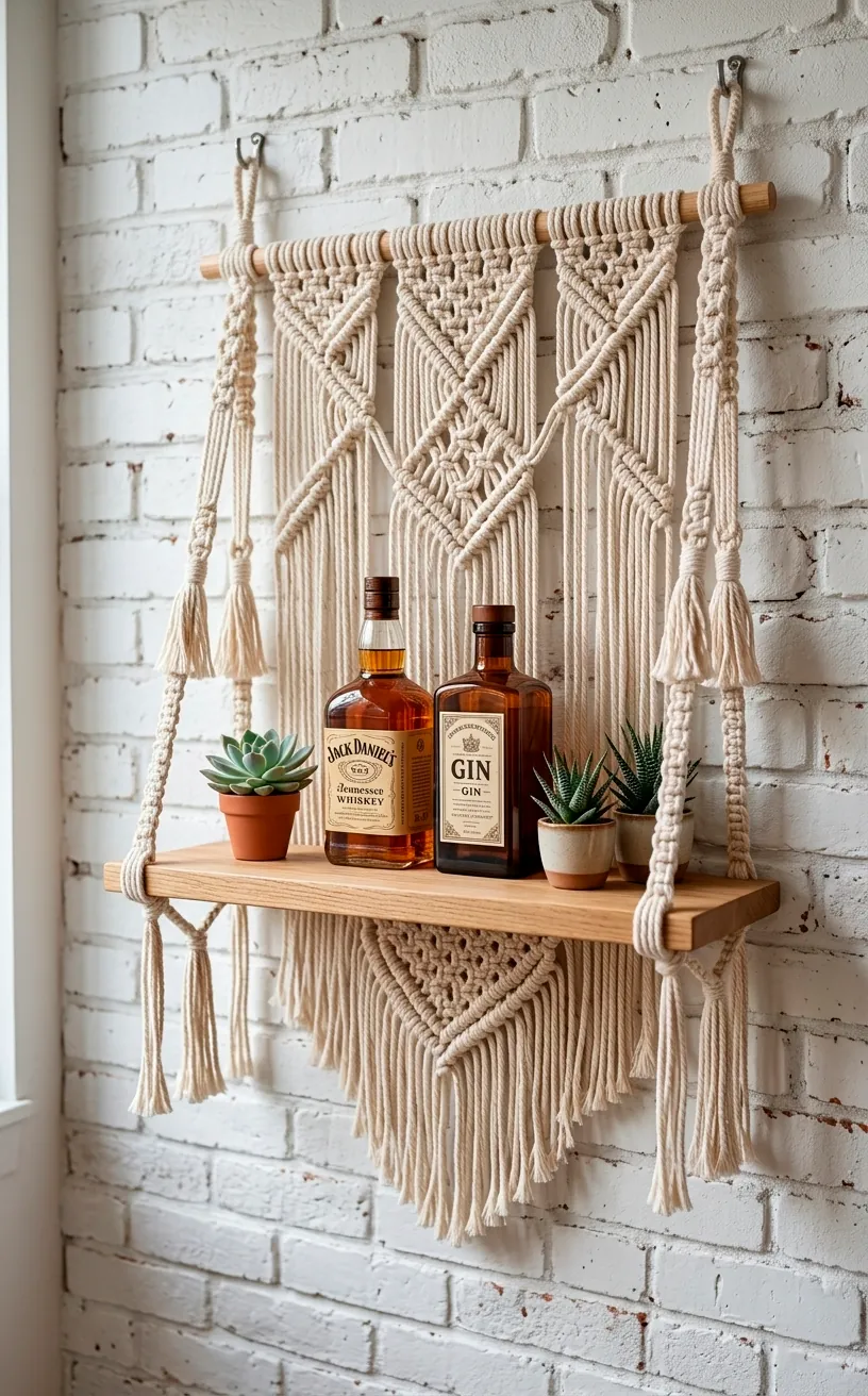 Hanging macrame swing shelf bar with amber bottles and succulents.