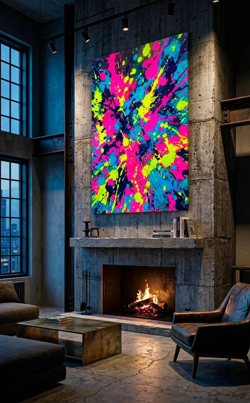 Large neon splatter abstract art above a concrete fireplace in an industrial room.