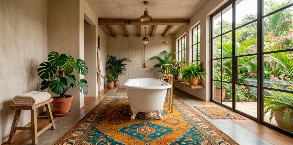 Vibrant kilim rug in a luxury boho bathroom with a freestanding tub and lush plants for an inspired interior design.