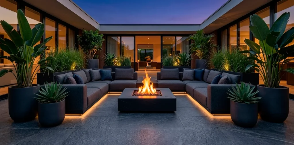 Sophisticated charcoal patio with dark furniture and fire pit at twilight with warm lighting.