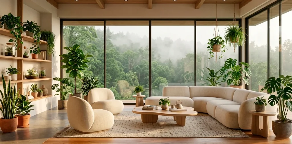 Wide landscape shot of a biophilic living room with lush greenery, sun-drenched windows, and organic furniture.