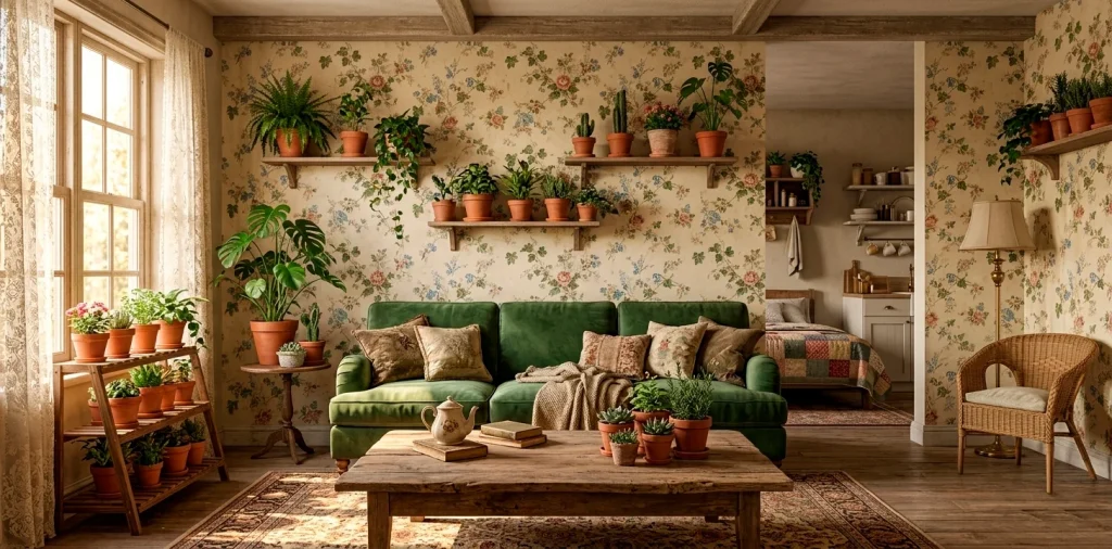 Cozy cottagecore studio apartment with floral wallpaper, green velvet sofa, and sunlit indoor plants in a rustic setting.