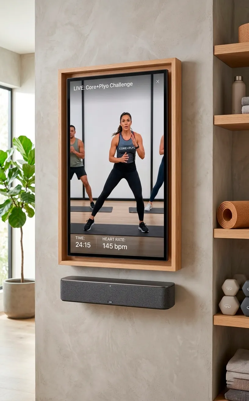 Wall-mounted fitness screen with a hidden soundbar in a modern interior.