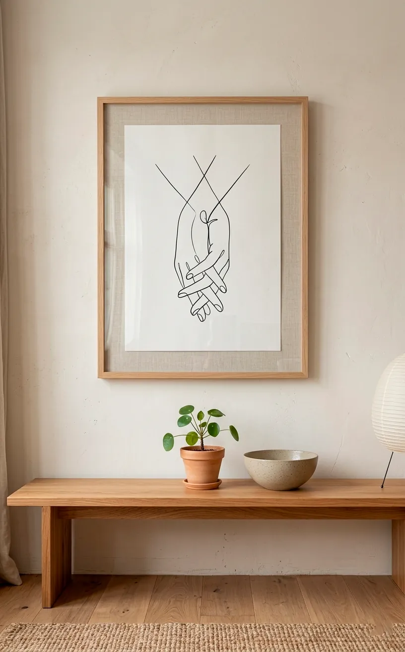 Minimalist line art of hands in a light oak frame on a white wall in a Japandi room.