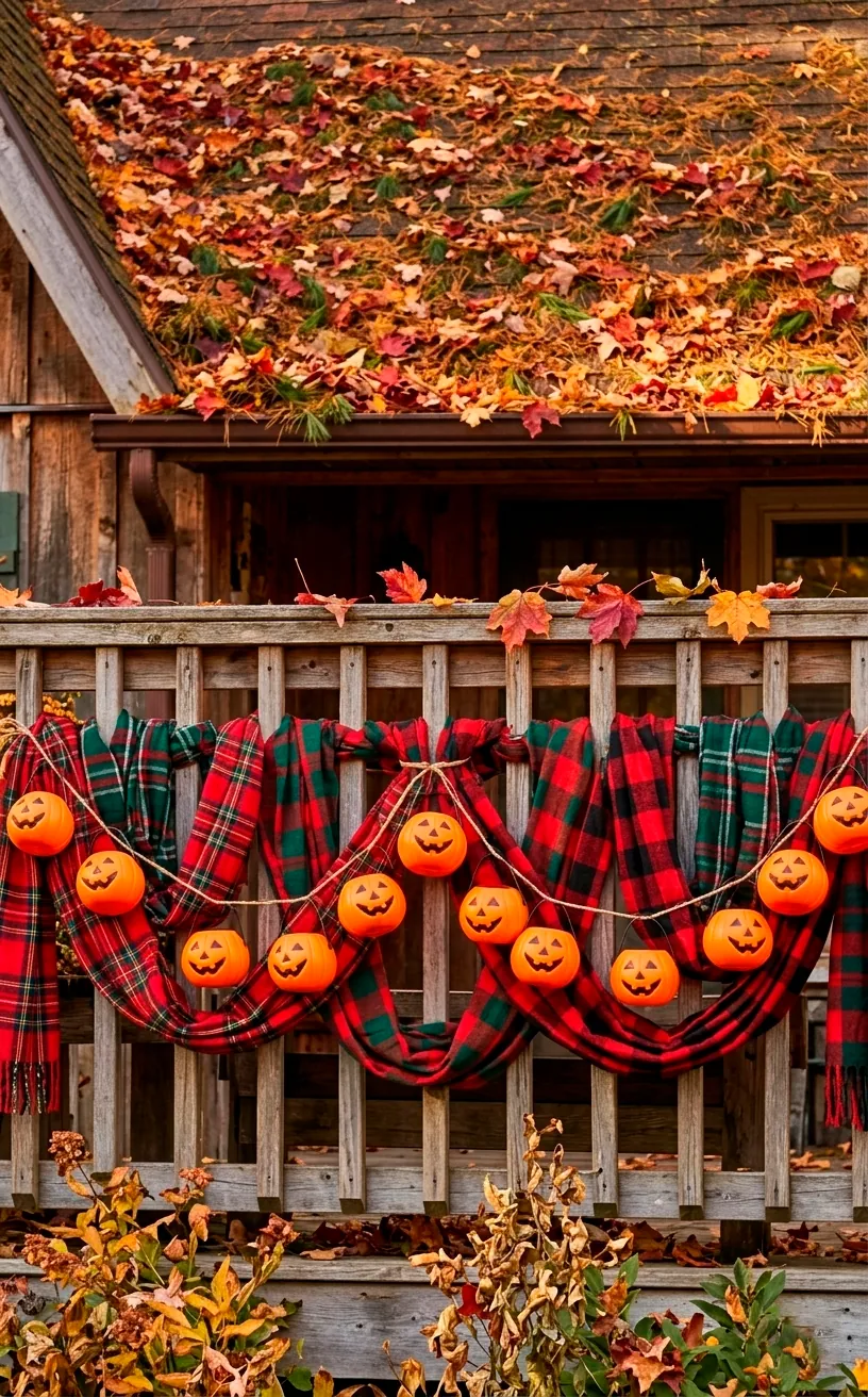 Plaid flannel scarf bunting with mini pumpkins on a wooden porch railing.