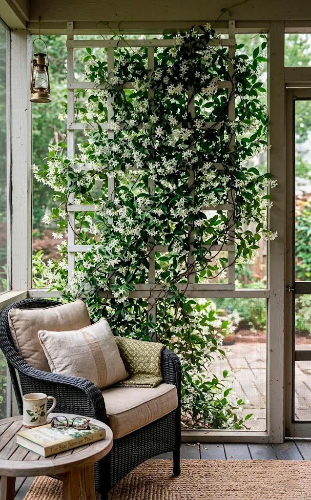 Climbing Star Jasmine with white flowers on a porch trellis.