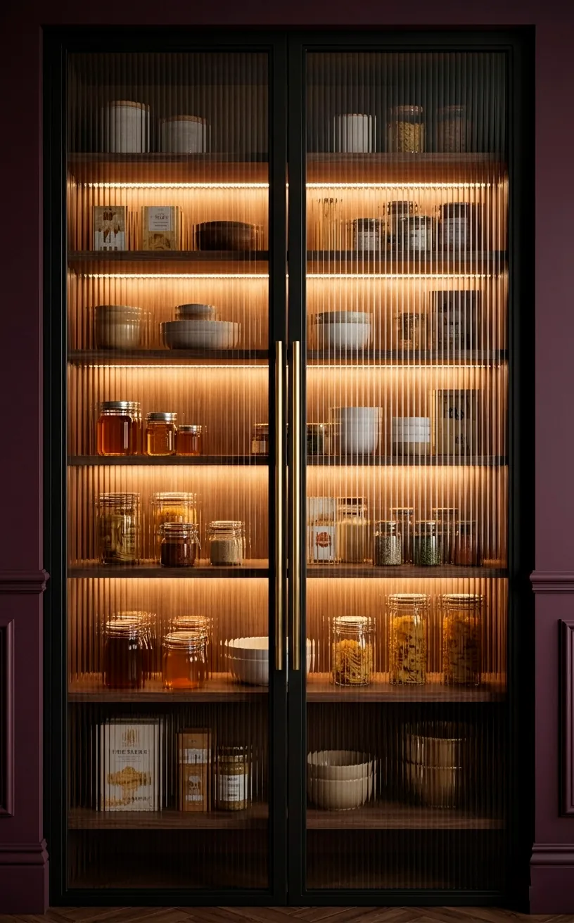 Fluted glass pantry doors with long brass handles and internal lighting.