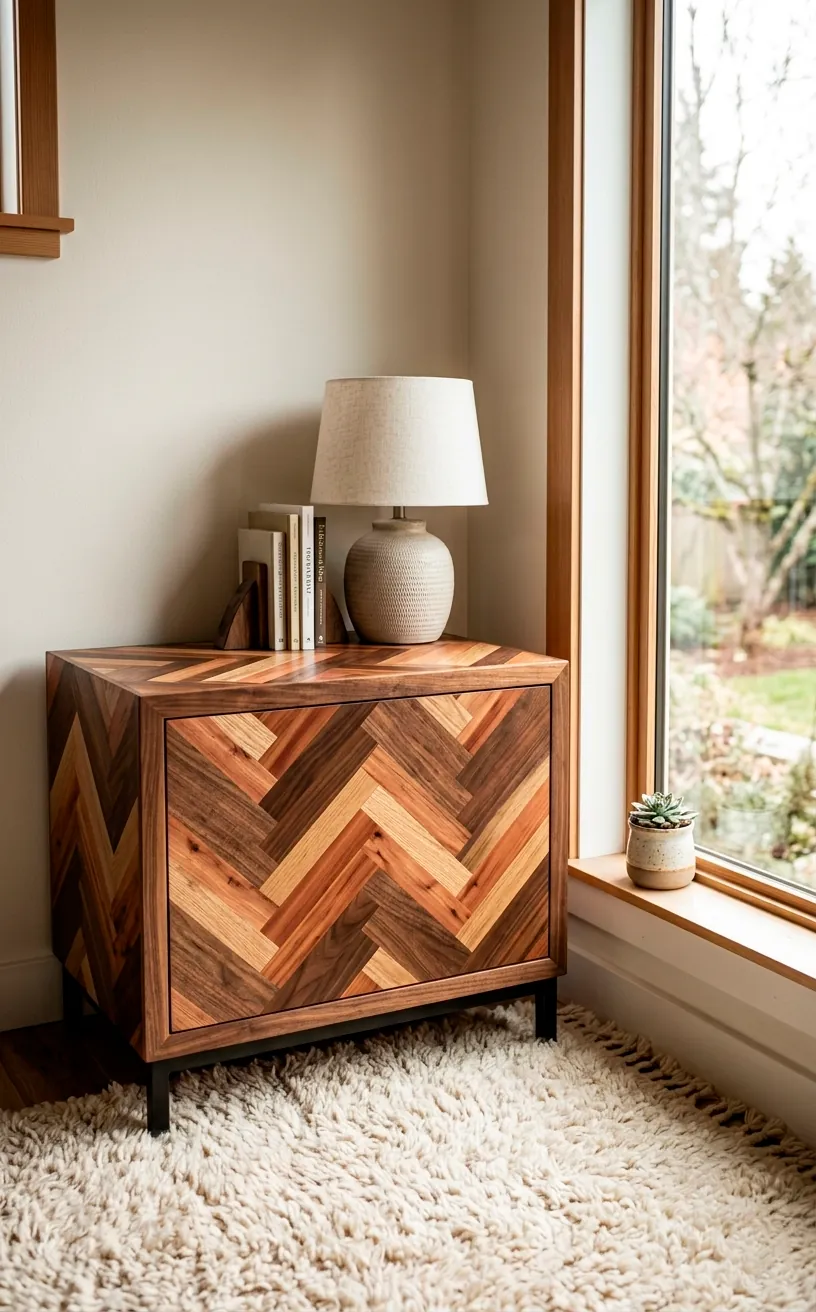 Side table with a herringbone wood stain pattern in a bright, rustic living room.
