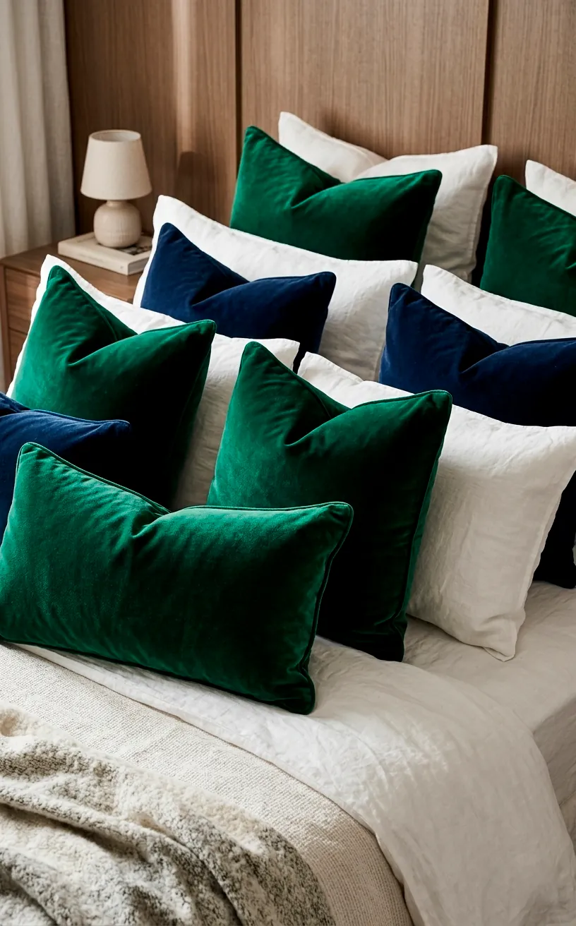 Emerald and navy velvet pillows on a bed with white linens.