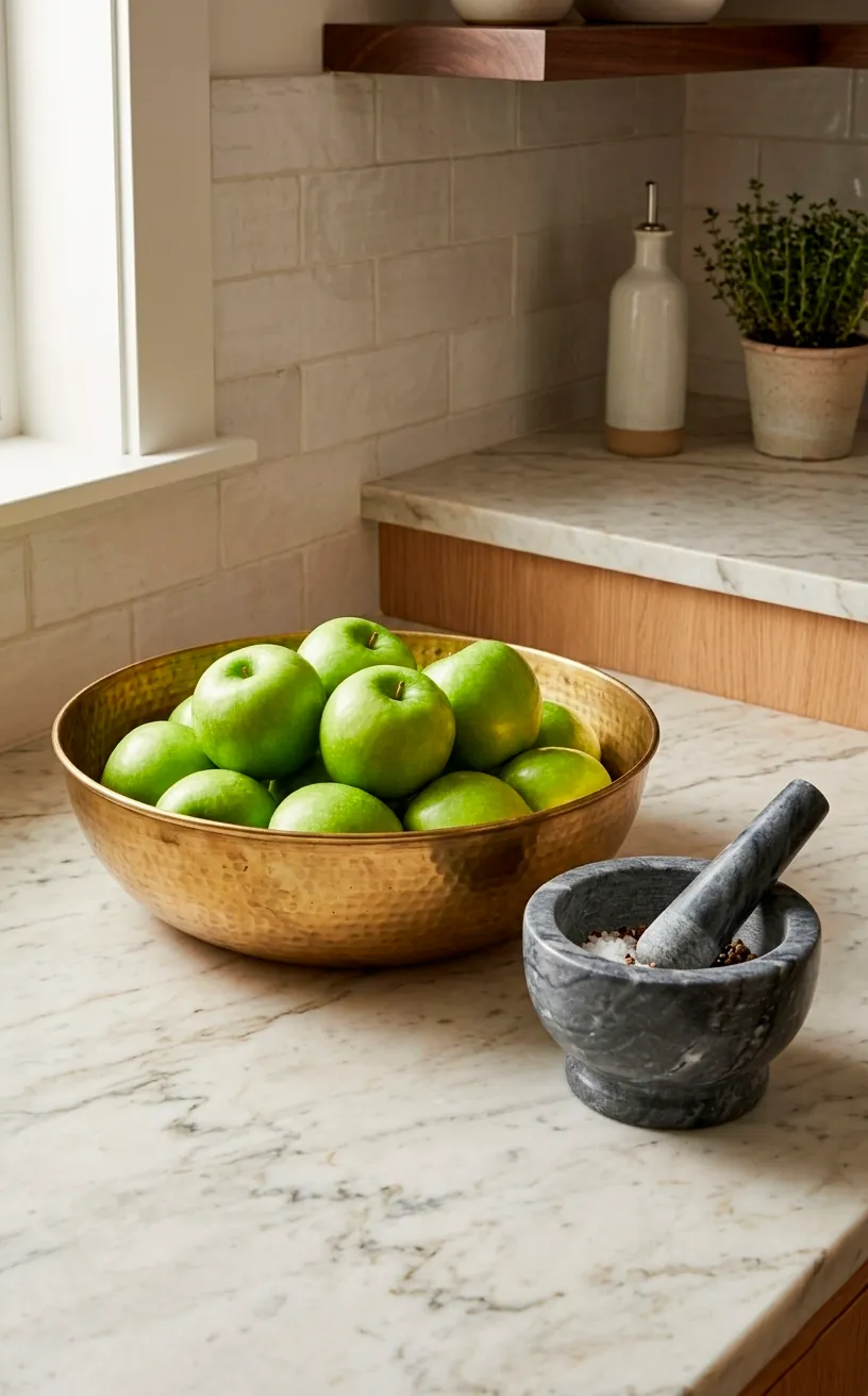 Hammered brass fruit bowl with green apples on a modern kitchen countertop.