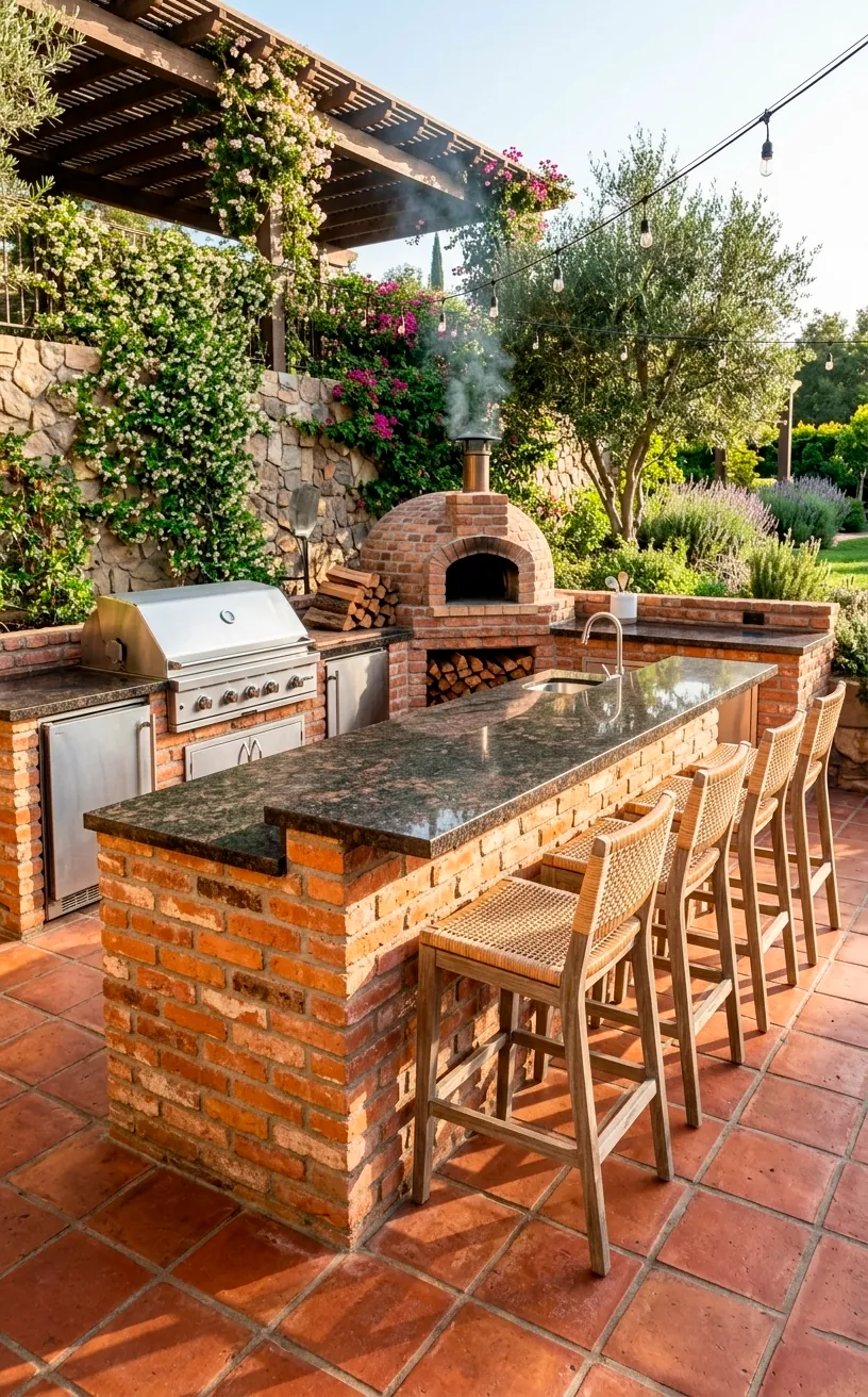 Outdoor kitchen design with terracotta flooring and a wood-fired pizza oven.