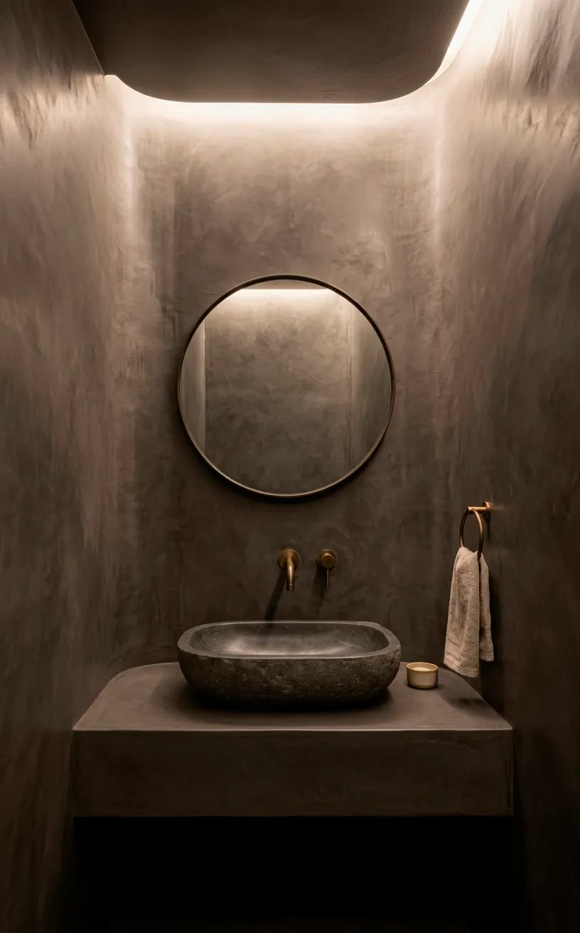 Charcoal tadelakt plaster bathroom walls with a stone basin.