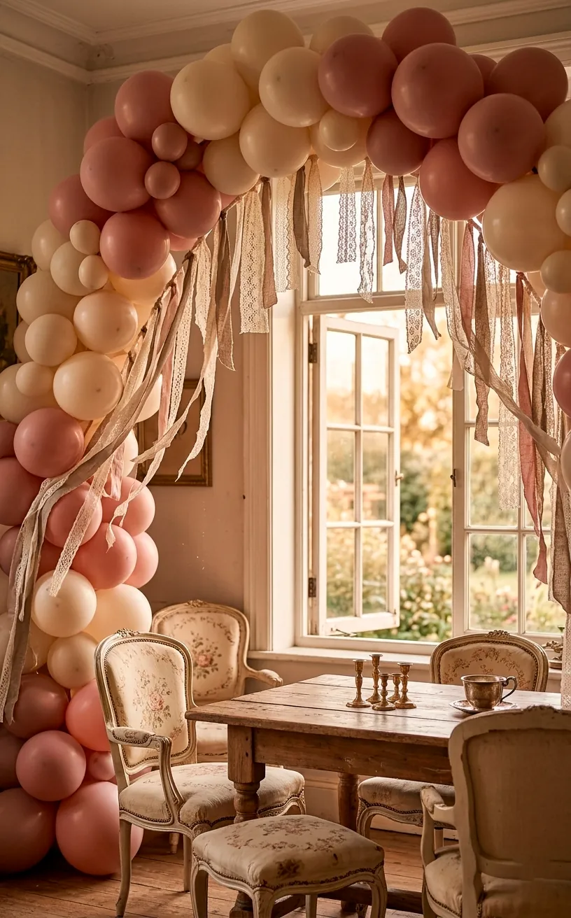 Vintage-inspired balloon arch with lace and linen ribbons for Mother's Day.
