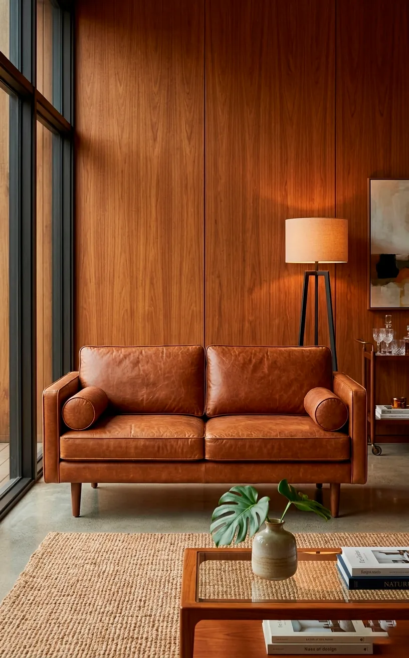 Cognac leather sofa against teak wood wall paneling in a sunlit room.