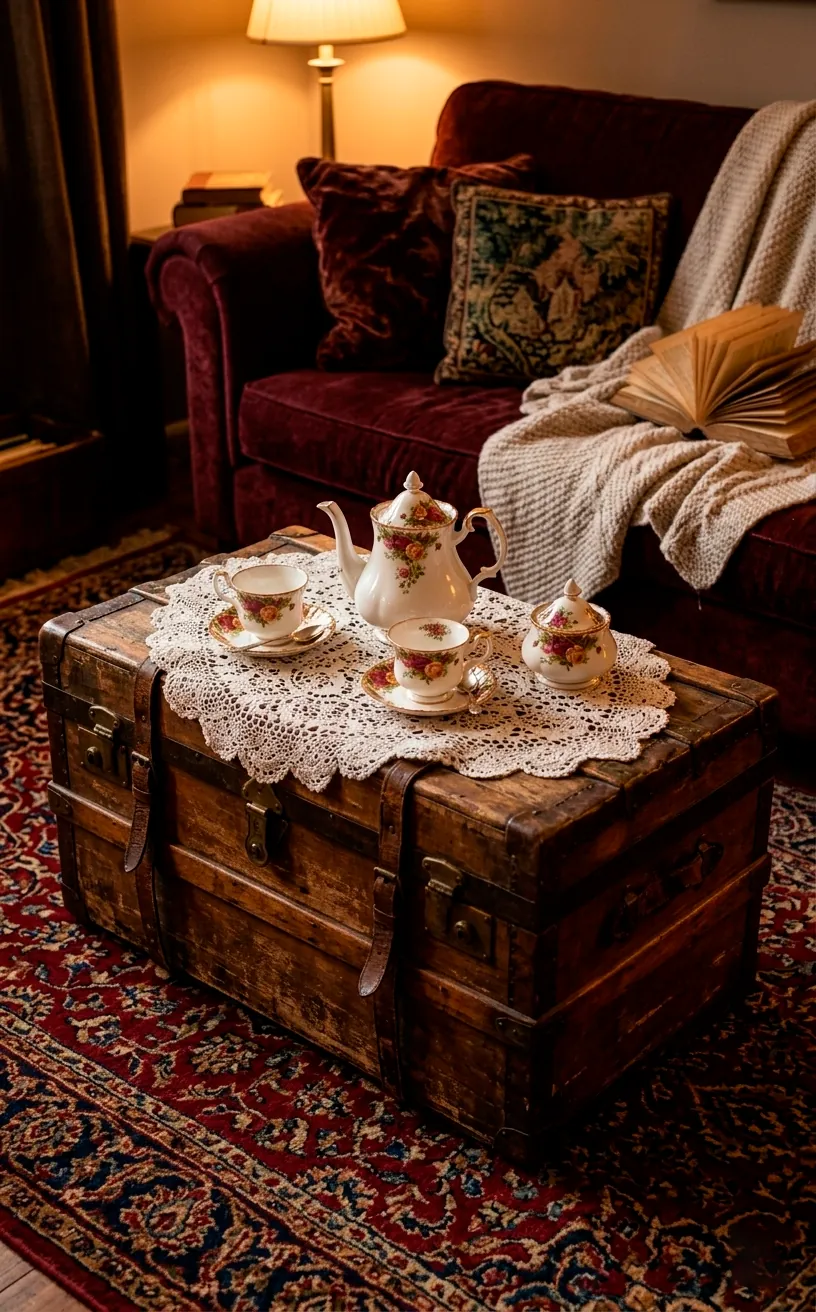 Antique wooden steamer trunk used as a coffee table with a lace doily and vintage tea set.