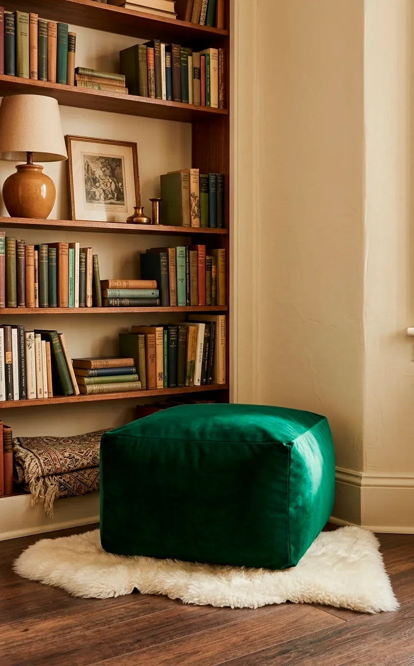 Emerald green velvet floor pouf sitting on a sheepskin rug in a cozy corner.