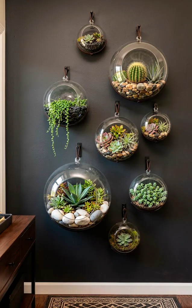 Eight glass bubble terrariums with succulents mounted on a dark charcoal grey entryway wall.