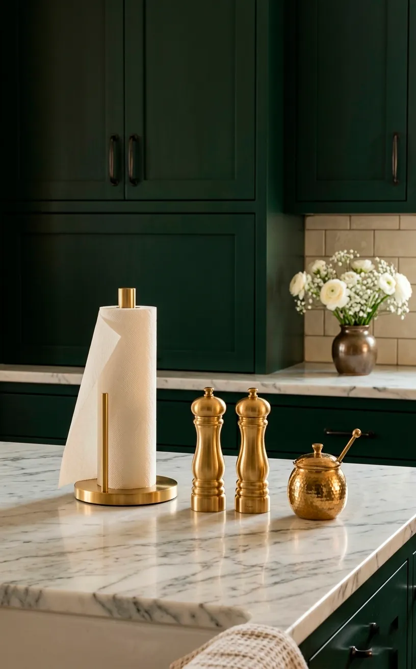 Gold and brass kitchen counter accessories against dark green cabinetry.