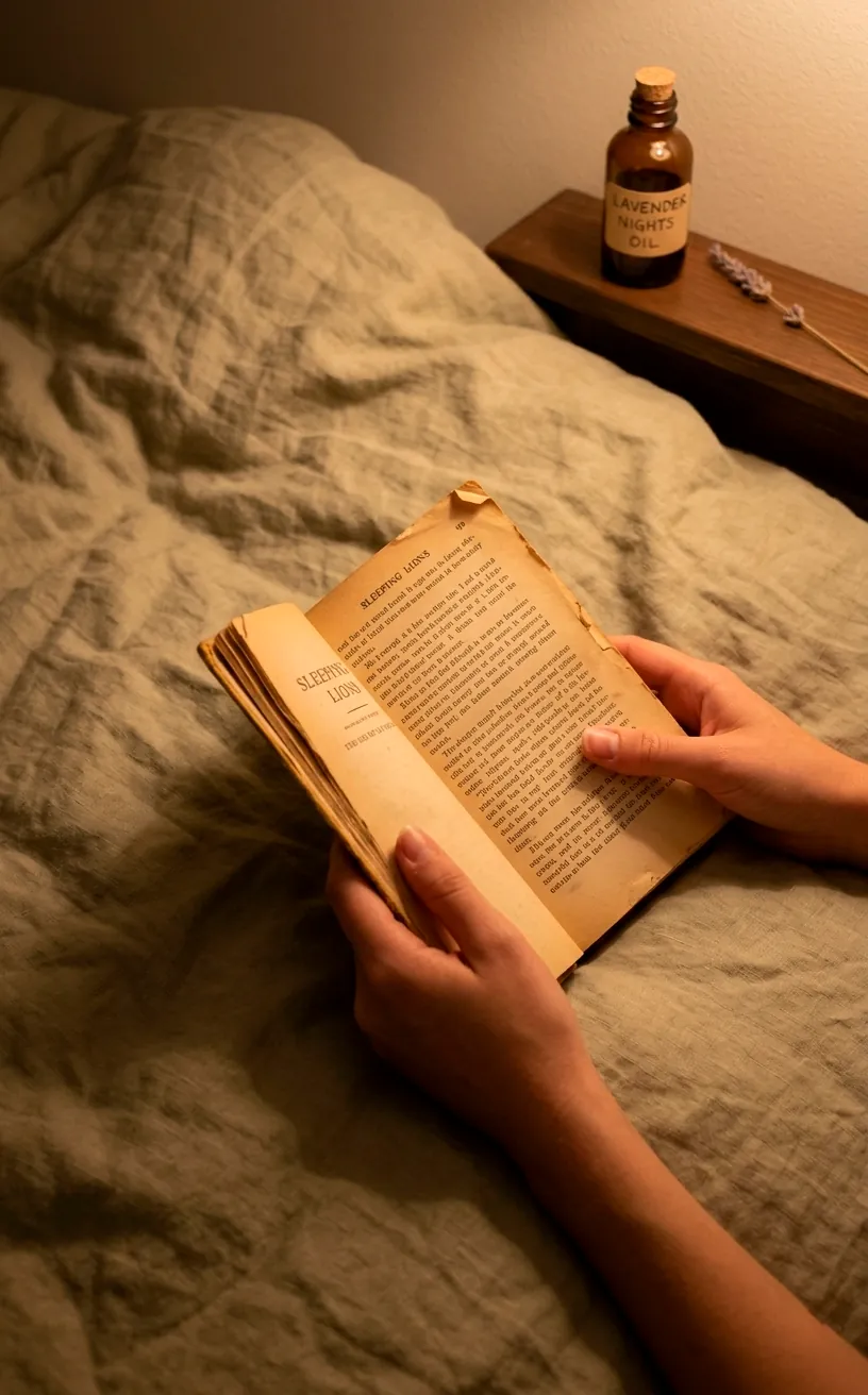 Nighttime reading ritual in a van with lavender and books.