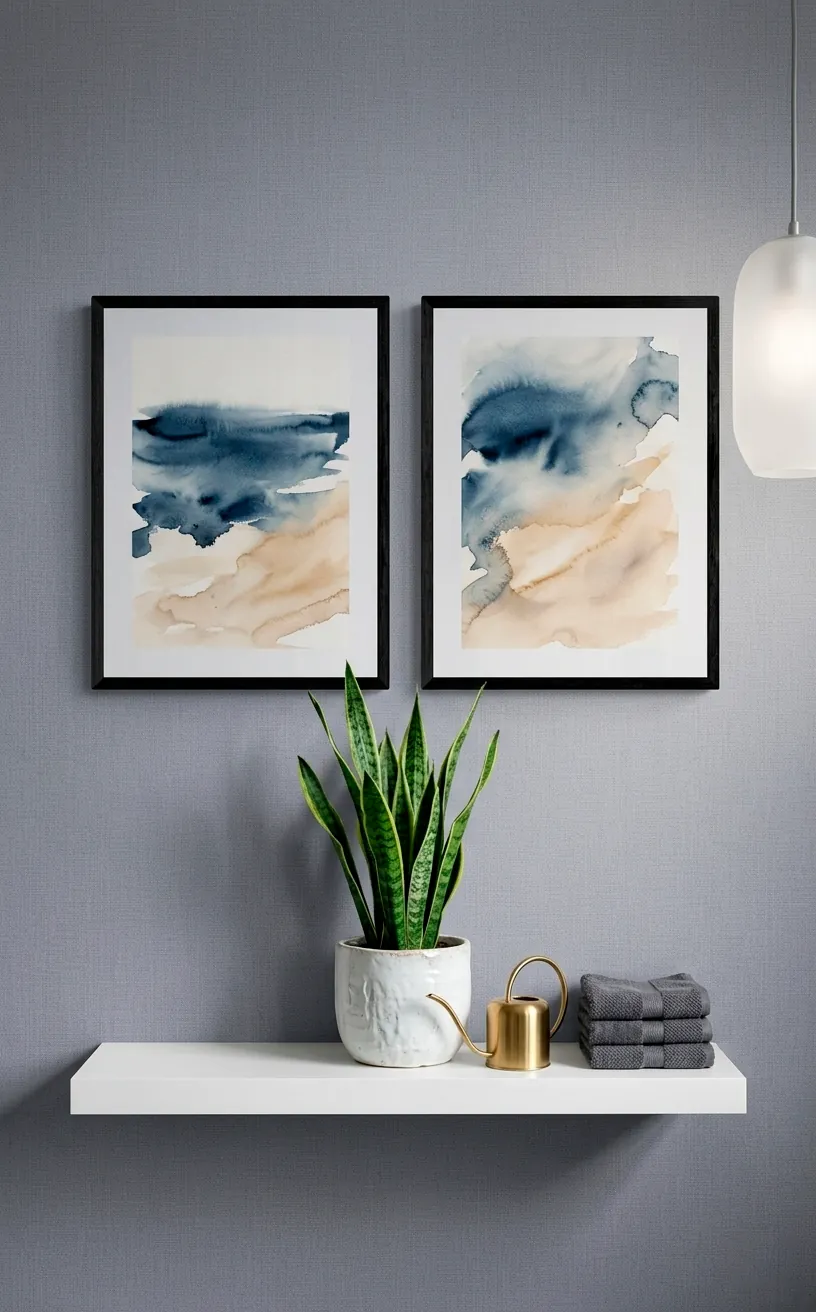 Framed abstract watercolor art and snake plant in a coastal bathroom.