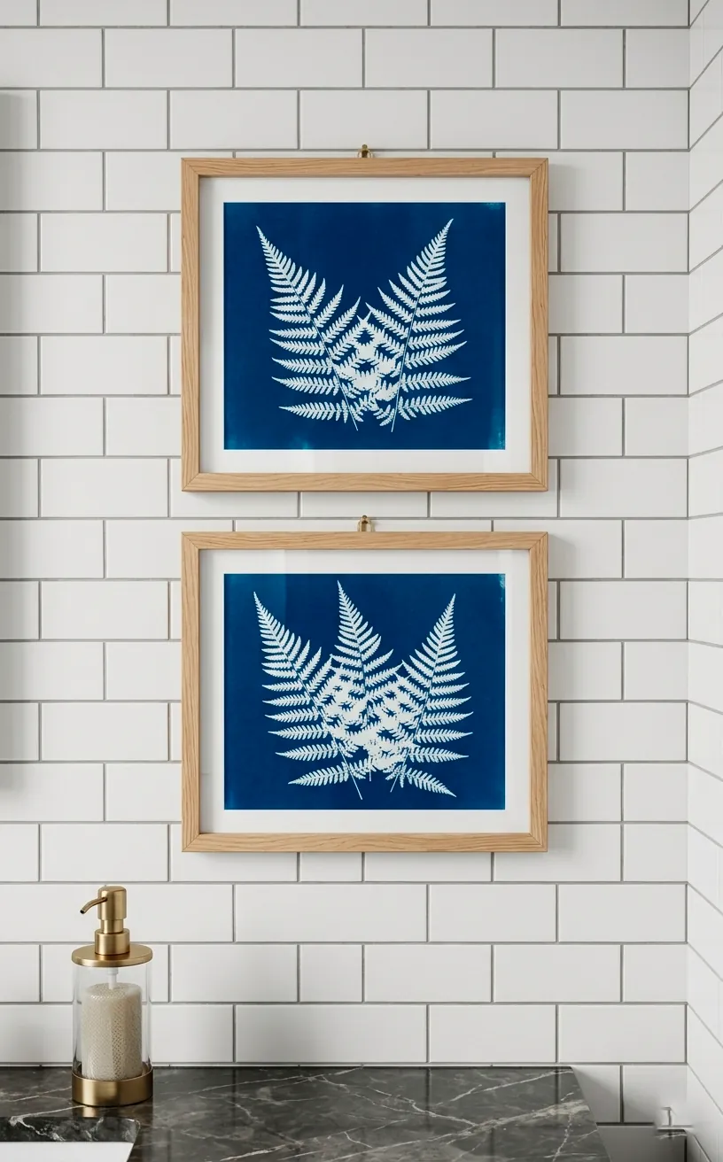 Pair of deep blue cyanotype fern prints in light wood frames on a bathroom wall.
