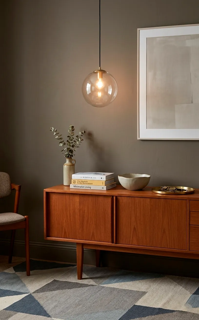 Stylized entryway with a globe pendant light, teak console, and geometric rug.