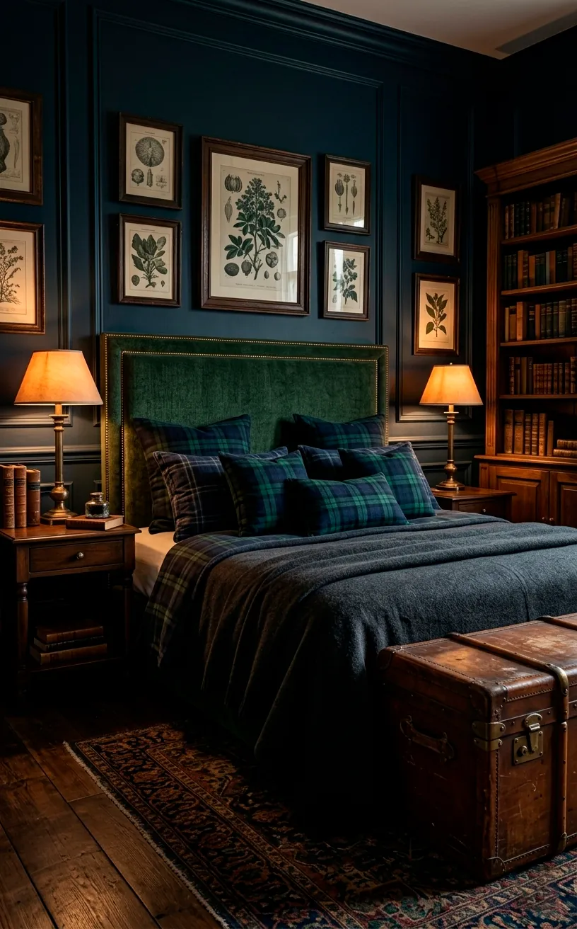 Dark academia bedroom with plaid pillows and charcoal wool blankets.