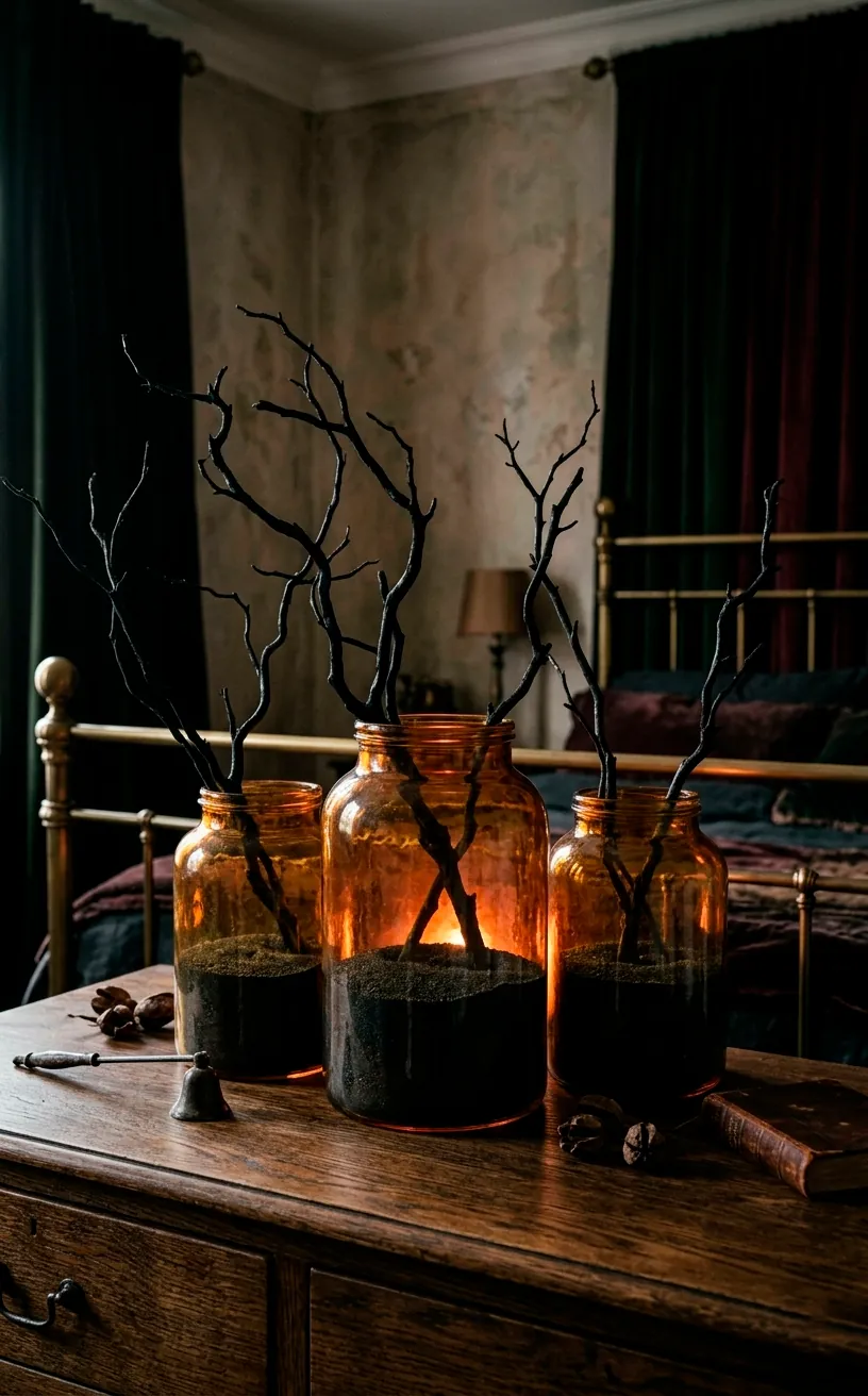 Amber glass jars with black branches on a dresser in a moody room.