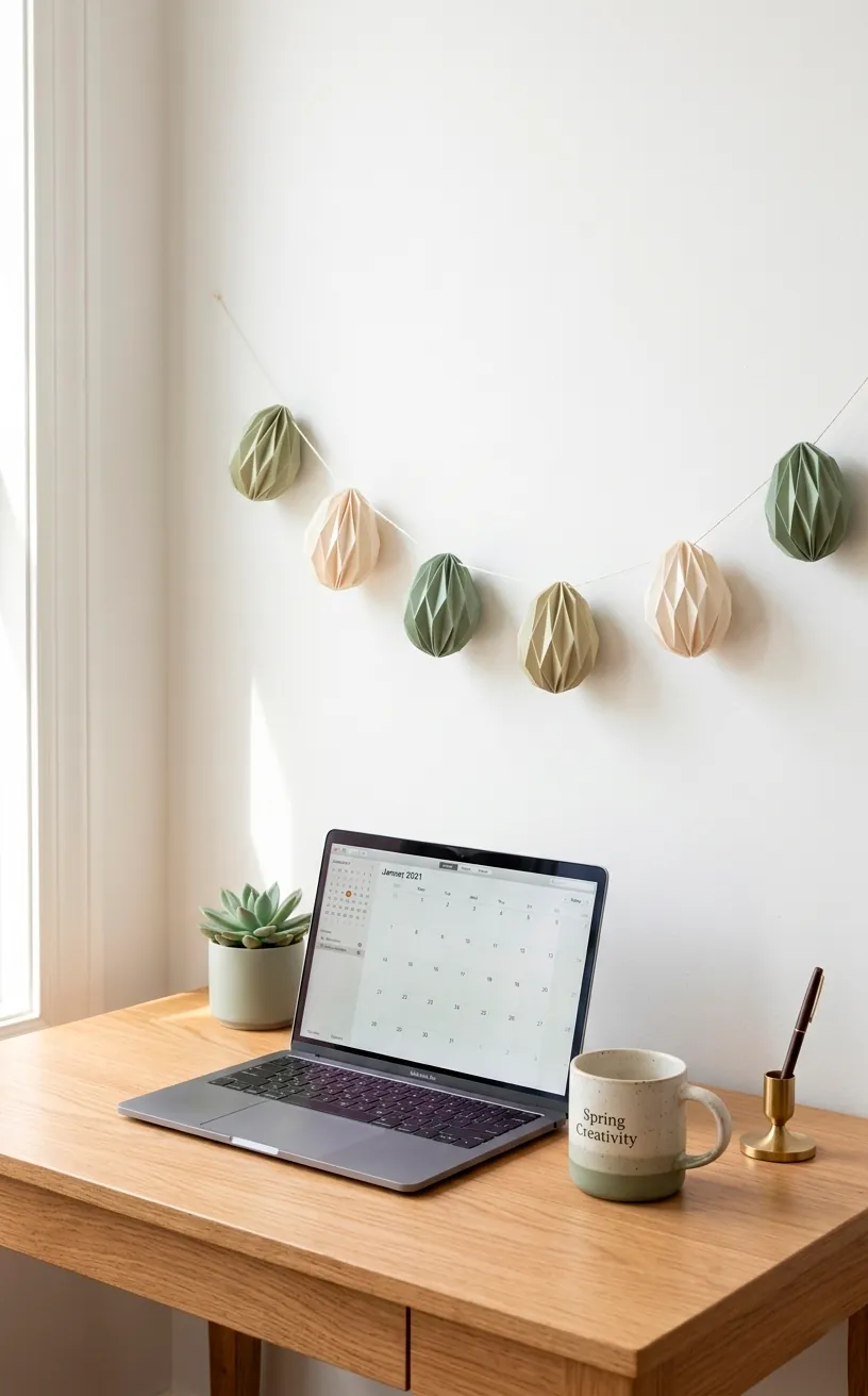 Origami paper egg garland in cream and sage green hanging in a modern home office.