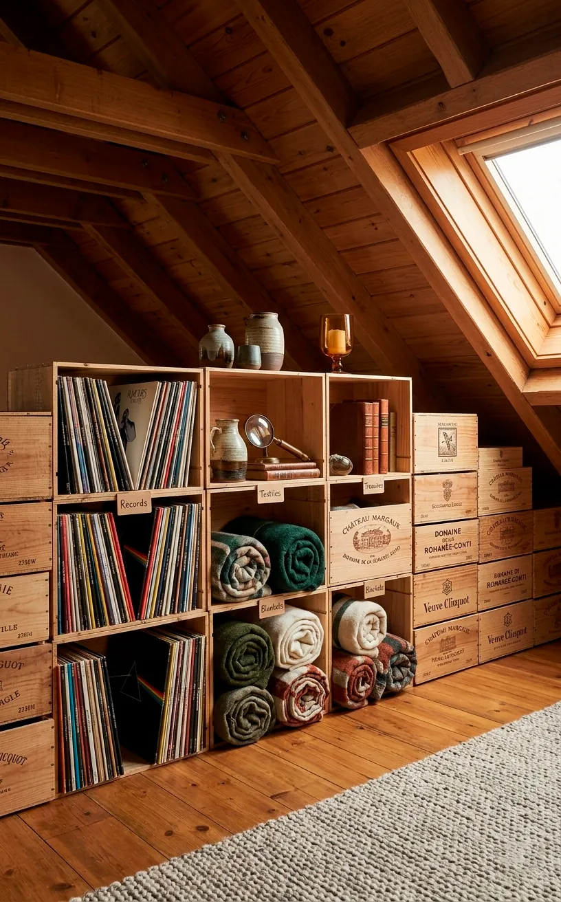 Modular storage made from stacked vintage wooden wine crates in a loft.