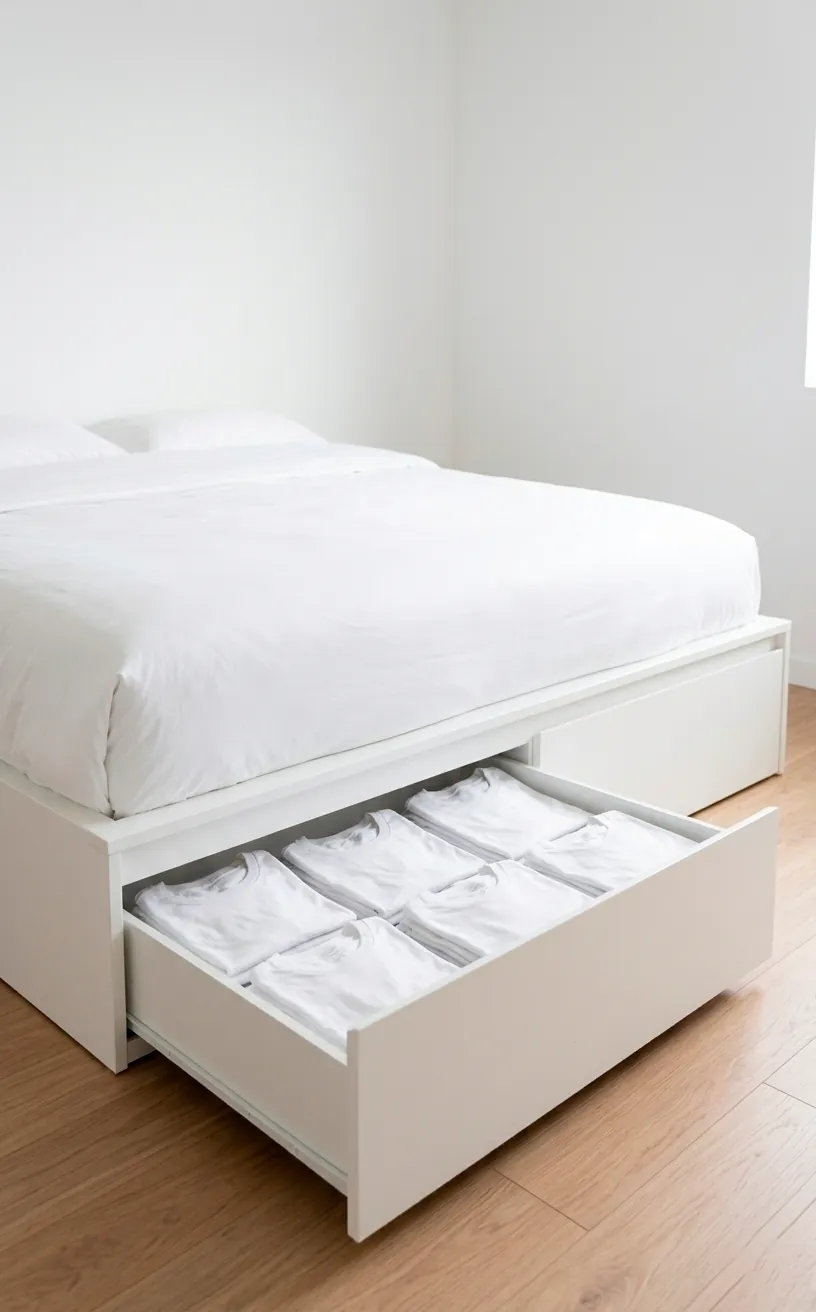 Minimalist white bed with built-in storage drawers for a clutter-free bedroom aesthetic.