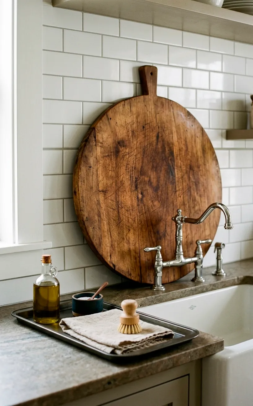 Vintage wooden bread board leaning against a white tile backsplash in a kitchen.