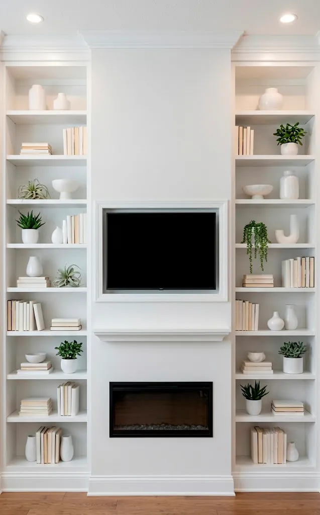 Symmetrical fireplace wall with white built-in bookshelves and styled decor.