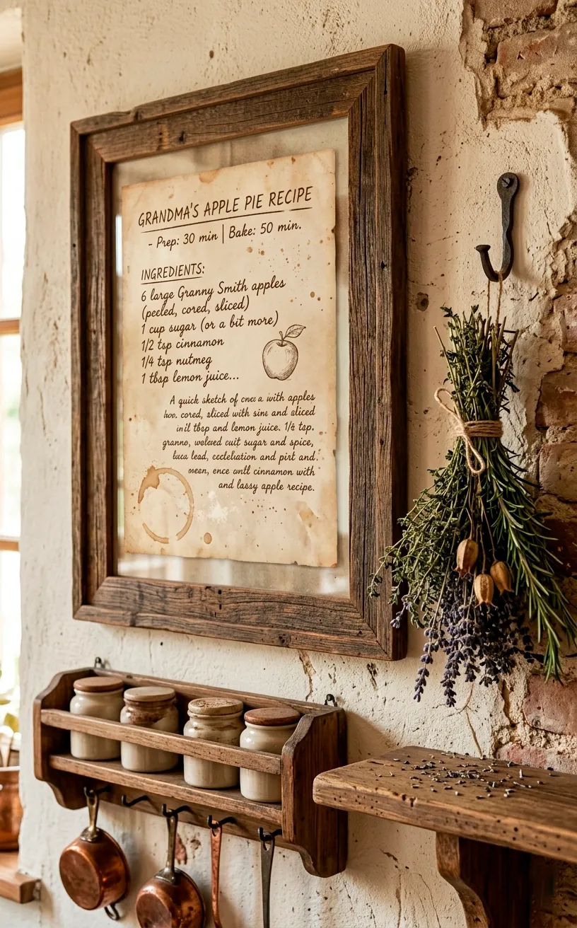 Framed vintage handwritten recipe art hanging in a rustic farmhouse kitchen.