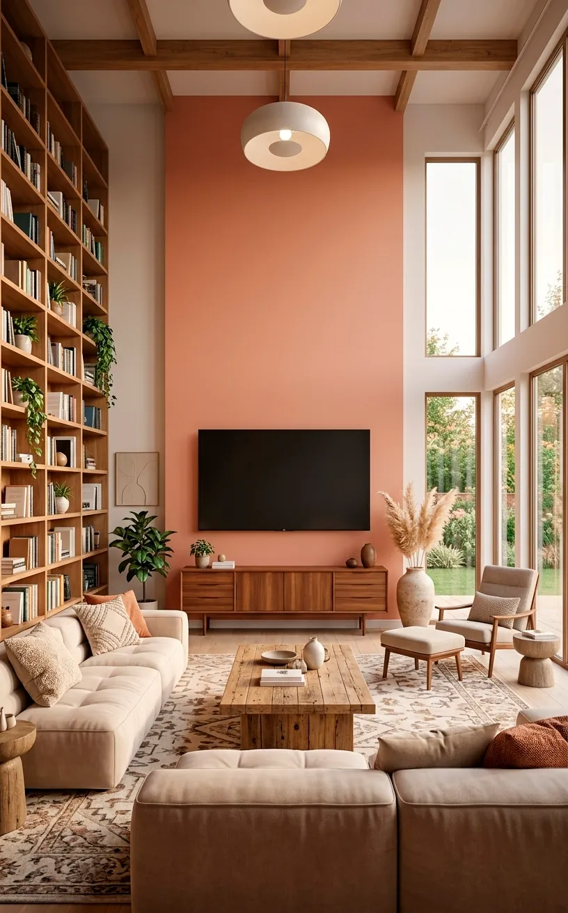 Spacious living room with a perfectly scaled TV wall and balanced bookshelf in terracotta tones.