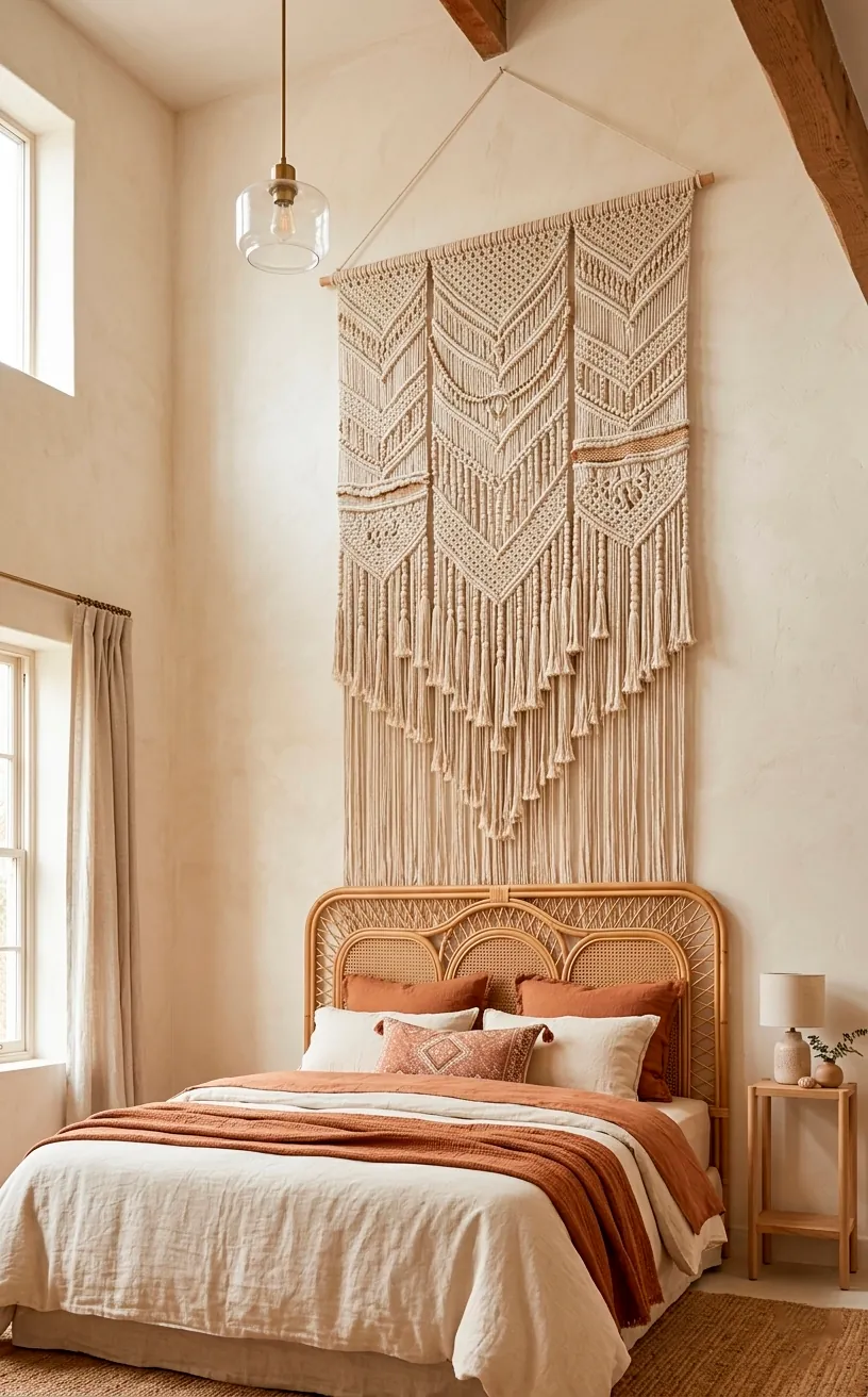 High-ceiling boho bedroom with a macrame wall hanging displayed above a rattan headboard.