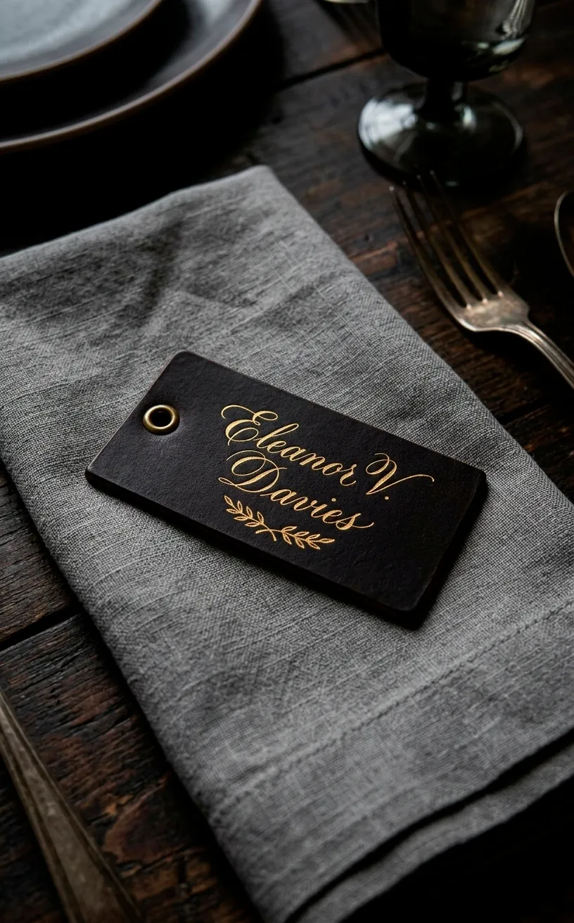 Custom dark leather place card with gold writing on a linen napkin.