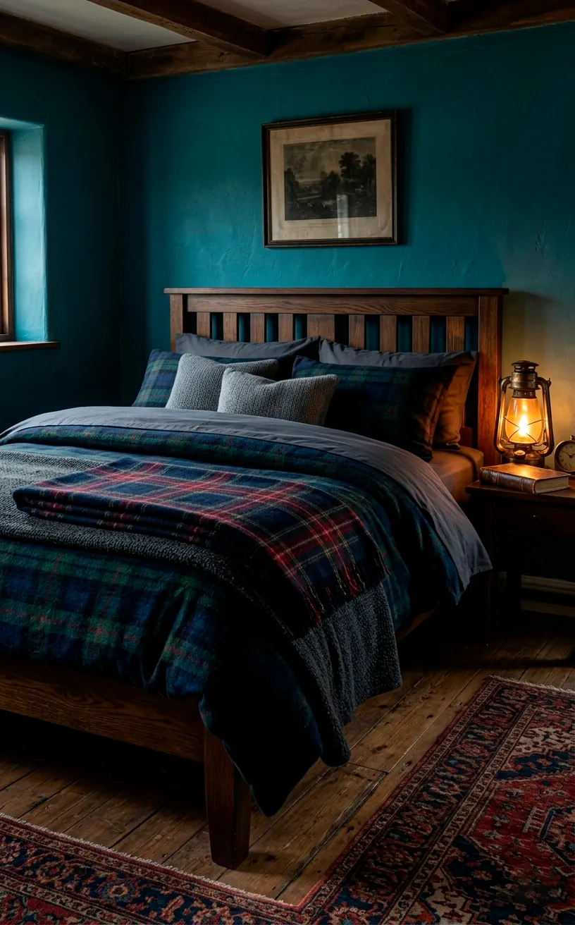 Dark tartan wool blanket on a bed with charcoal sheets in a moody room.