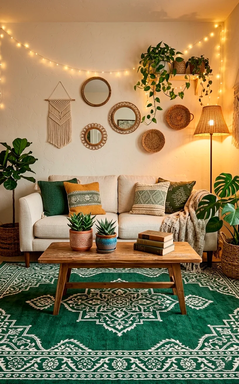 Boho living room with a forest green Moroccan trellis shag rug.