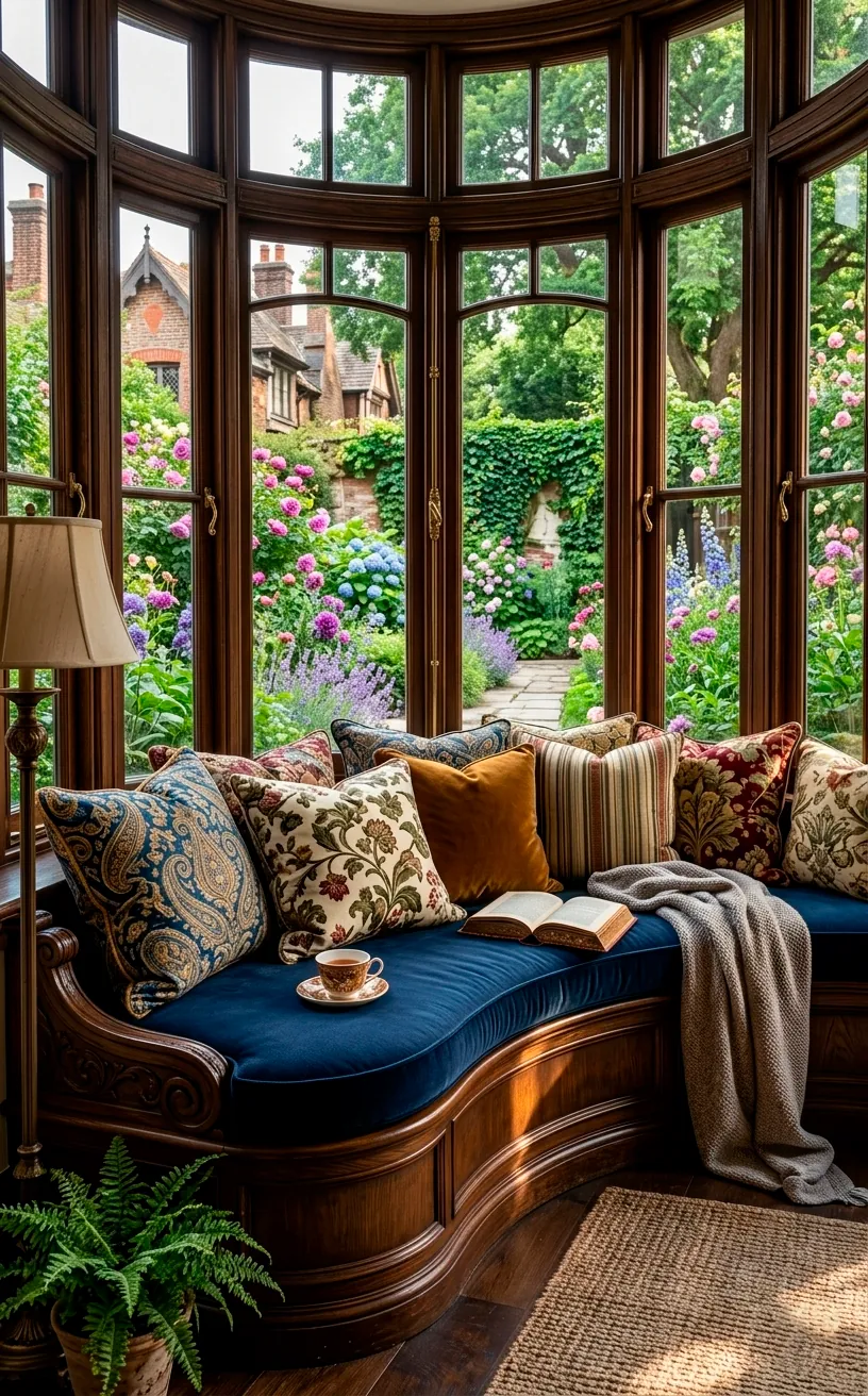 Built-in window seat with navy cushions in a Victorian glass bay window.