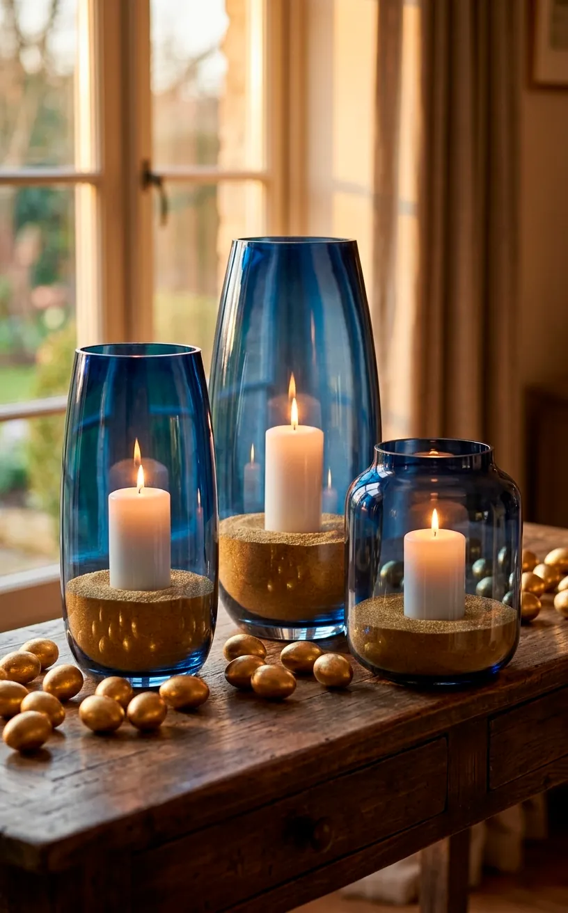 Navy glass hurricanes with gold sand and white candles for Easter.