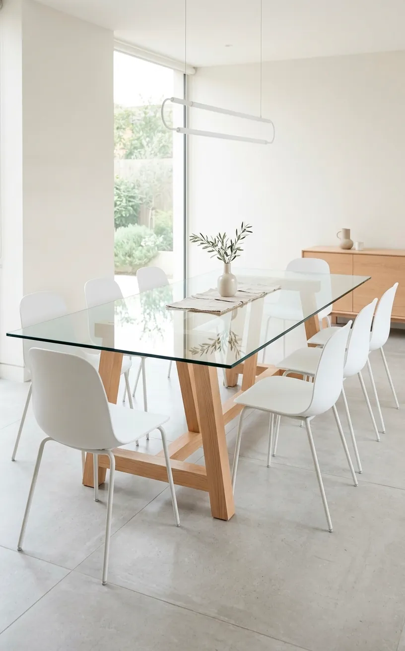 Glass dining table with oak trestle base in a modern dining room.