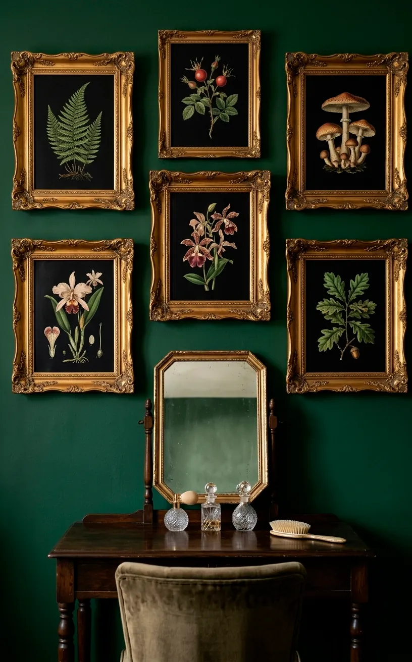 Gallery wall of vintage botanical prints in ornate gold frames on a dark green wall.
