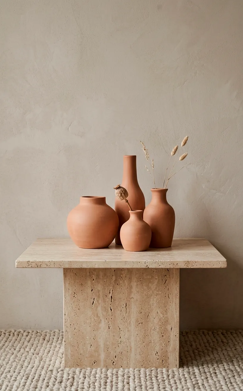 Travertine stone side table with handcrafted matte clay vases.