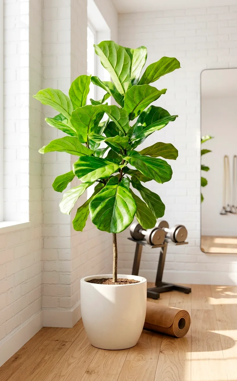 Large Fiddle Leaf Fig plant in a white pot in a bright minimalist gym corner.