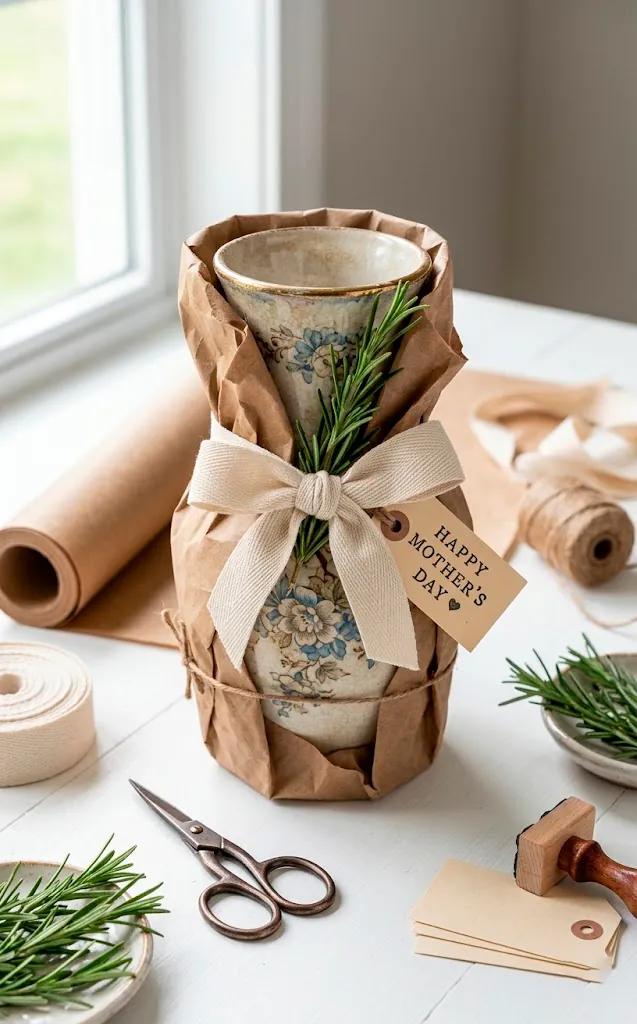 Beautifully wrapped DIY jar vase gift with kraft paper and fresh herbs.