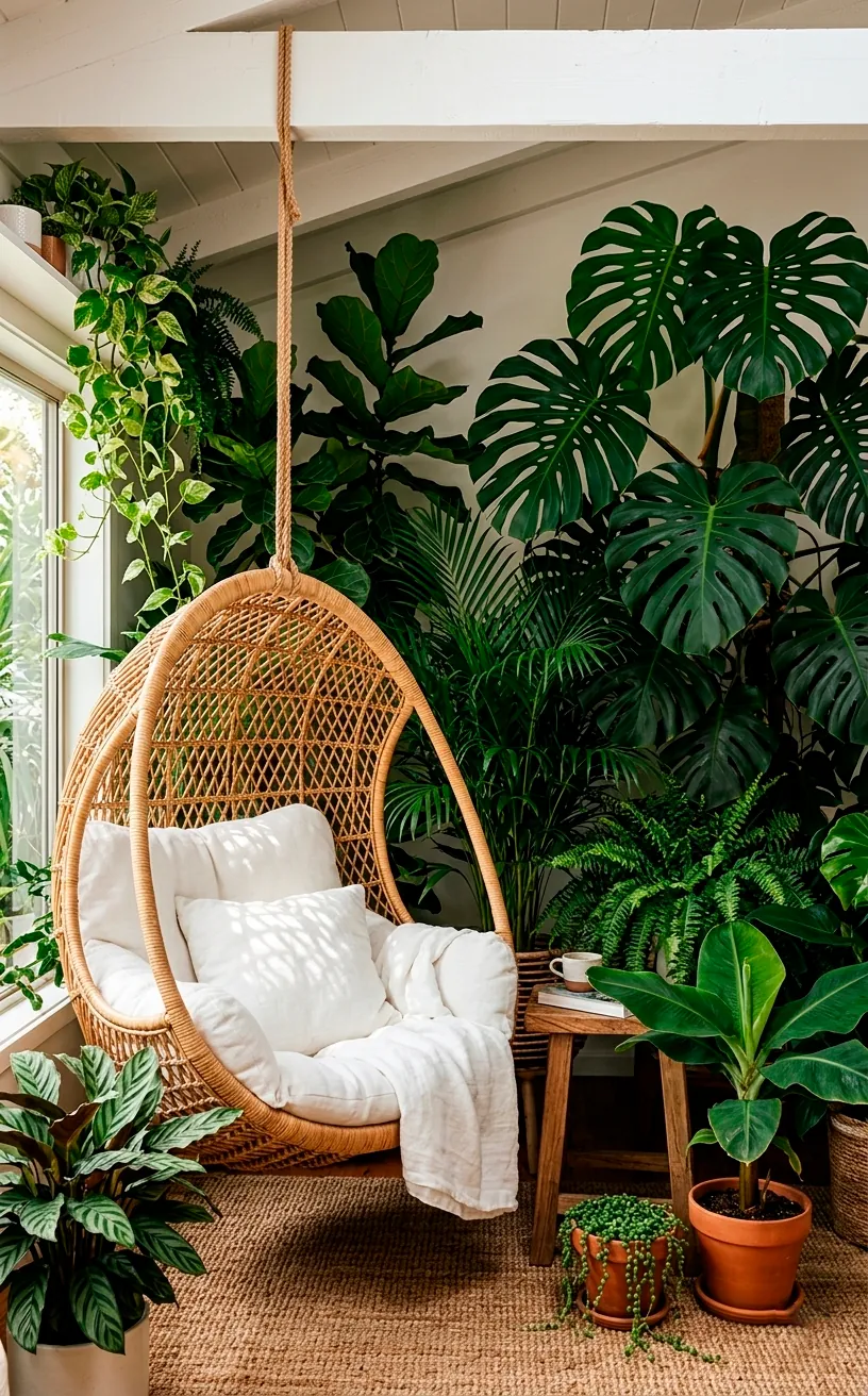A hanging rattan egg chair with white cushions in a lush, plant-filled sunroom corner.